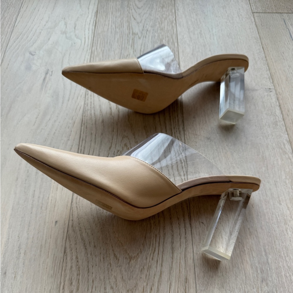 Cult Gaia Neutral Beige Leather PVC Pointed Toe Lucite Heels Mules - Picture 6 of 6
